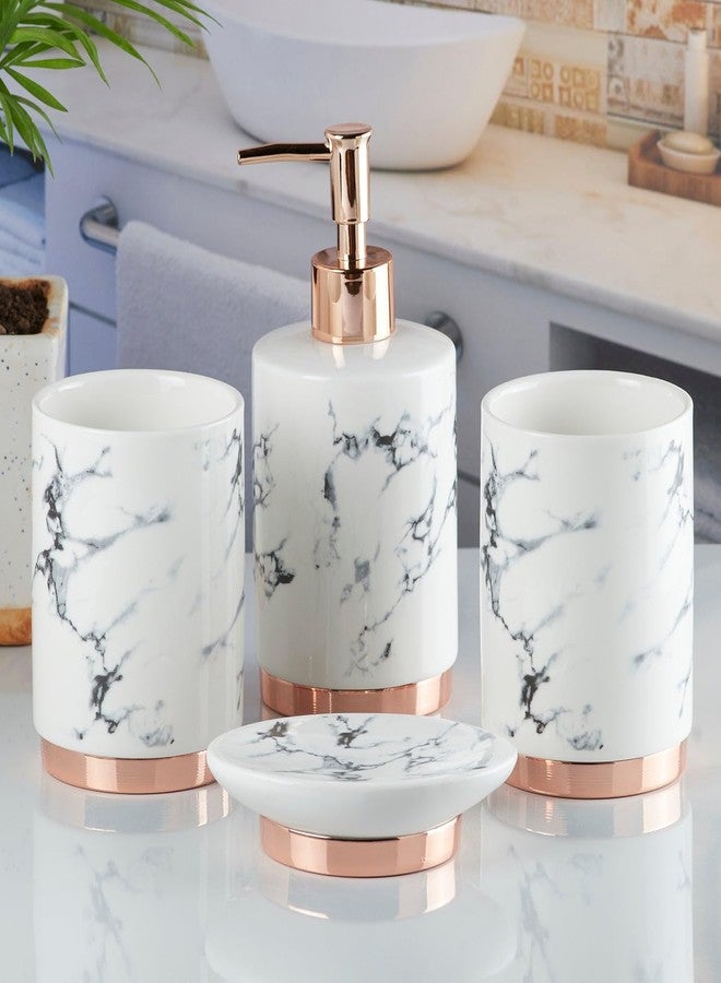 Kookee Ceramic Bathroom Set - Stylish 4 Piece Bath Accessories Kit with Soap Dispenser, Toothbrush Holder, Tumbler & Soap Dish - Modern & Designer Decor for Home & Guest Bathrooms, White/Gold (9600) - Image 4